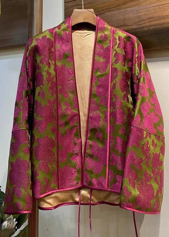 New Rose V Neck Print Silk Coat Long Sleeve