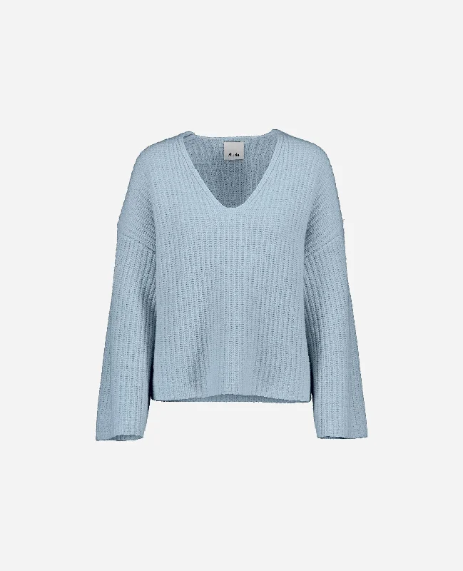 V-Pullover aus Cashmere-Mischung in Blau