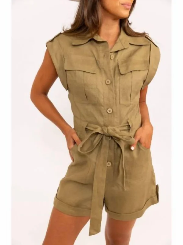 Solid Pocket Tie Romper In Olive