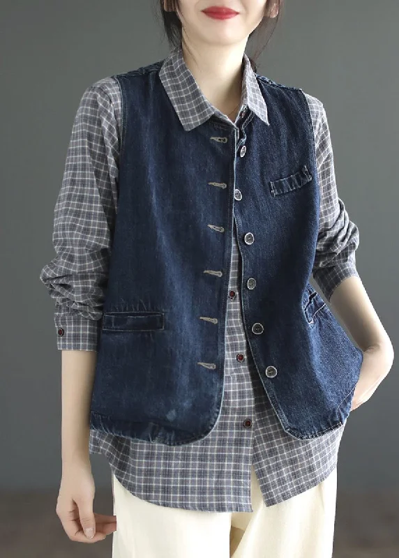 Brief Denin Blue Pockets Patchwork Denim Waistcoat Sleeveless