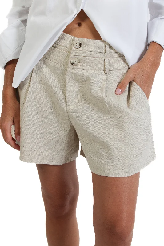 Natural Double Belt Linen Shorts