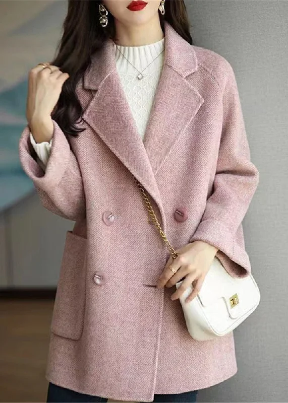 Beautiful Pink Double Breast Pockets Patchwork Woolen Coats Winter