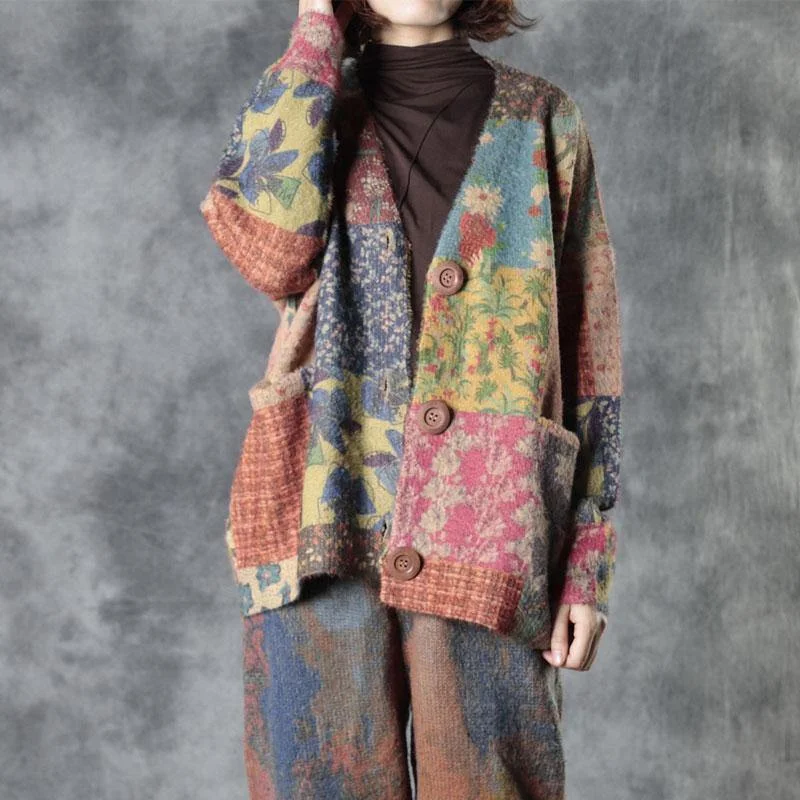 Spring Colorful Flower Knit Sweater Coat