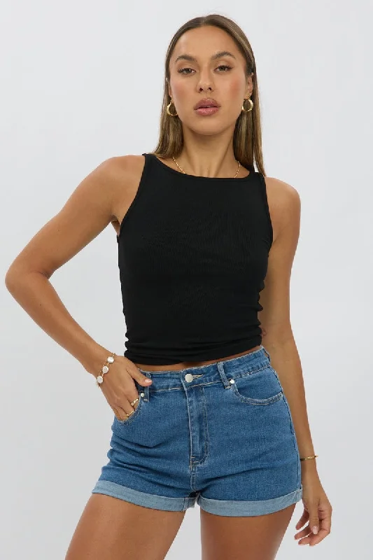 Black Boat Neck Tank Top Rib