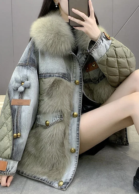 Green Denim Patchwork Button Faux Fur Coats Winter