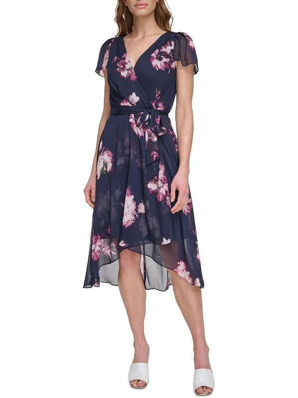 Petites Womens Floral Print Crepe Midi Dress