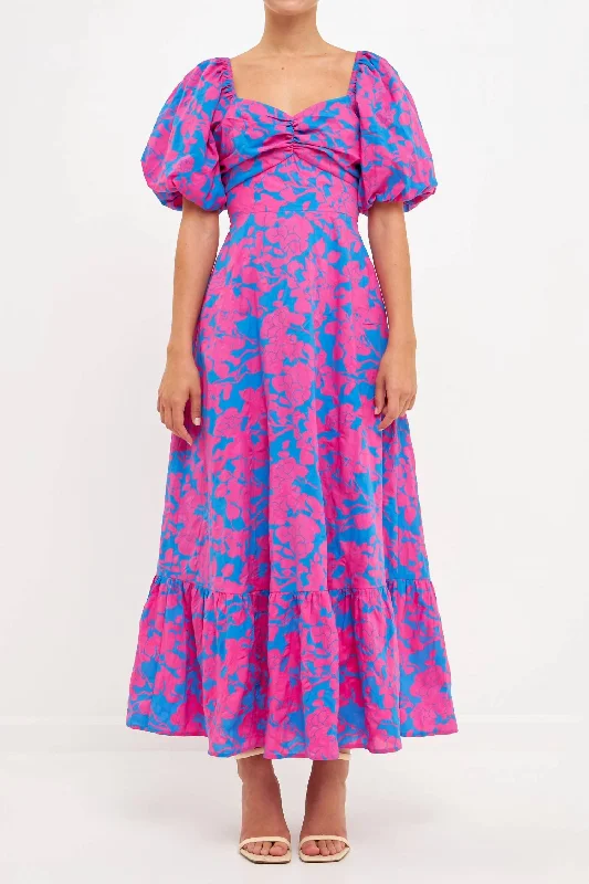 Avery Floral Cut Out Maxi Dress In Blue/fuchsia