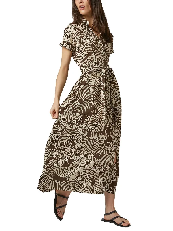 Classic Shirtwaist Maxi Dress In Brown Cream Zebra