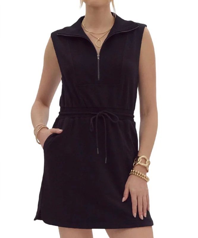 Collared Mini Dress With Zip Up Detail In Black