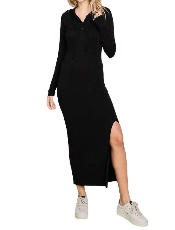 Diana Side Slit Hooded Maxi Dress In Black