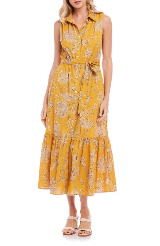 Floral Belted Tiered Maxi Dress In Print Yellow