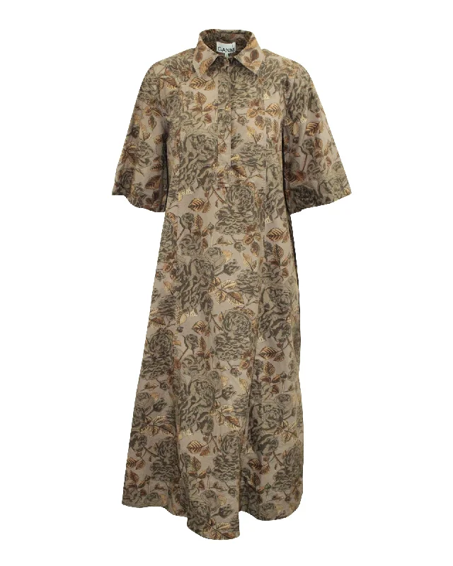 Ganni Floral Print Poplin Maxi Dress in Brown Cotton