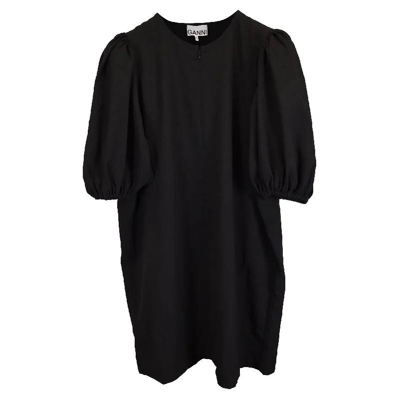 Ganni Mini Half Zipper Puffed Sleeves Dress in Black Crepe