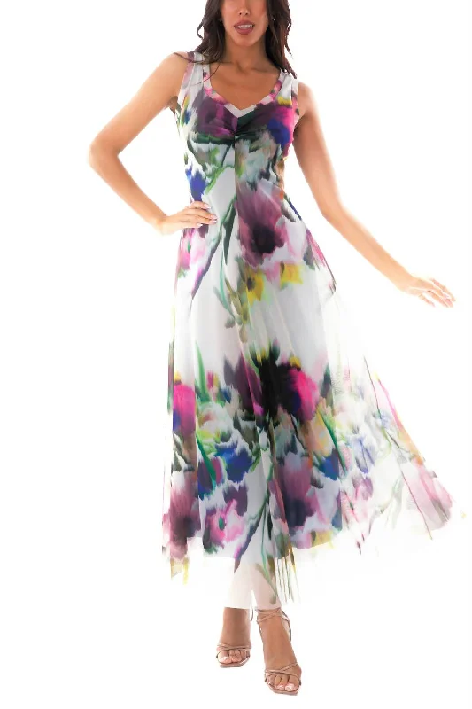 Iris Maxi V-Neckline Sleeveless Fit N Flare Print Dress In Multi