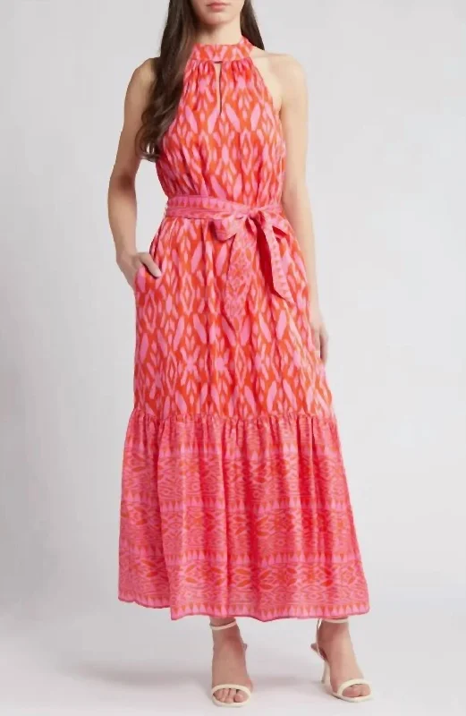 Janice Satin Halter Maxi Dress In Jaipur Ikat Print