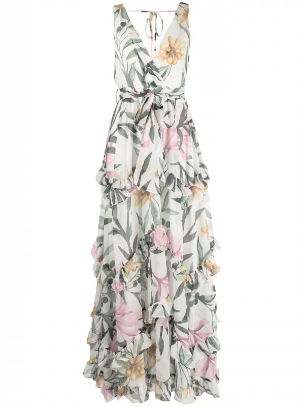 Jasmin Ruffle Maxi Dress In White/green