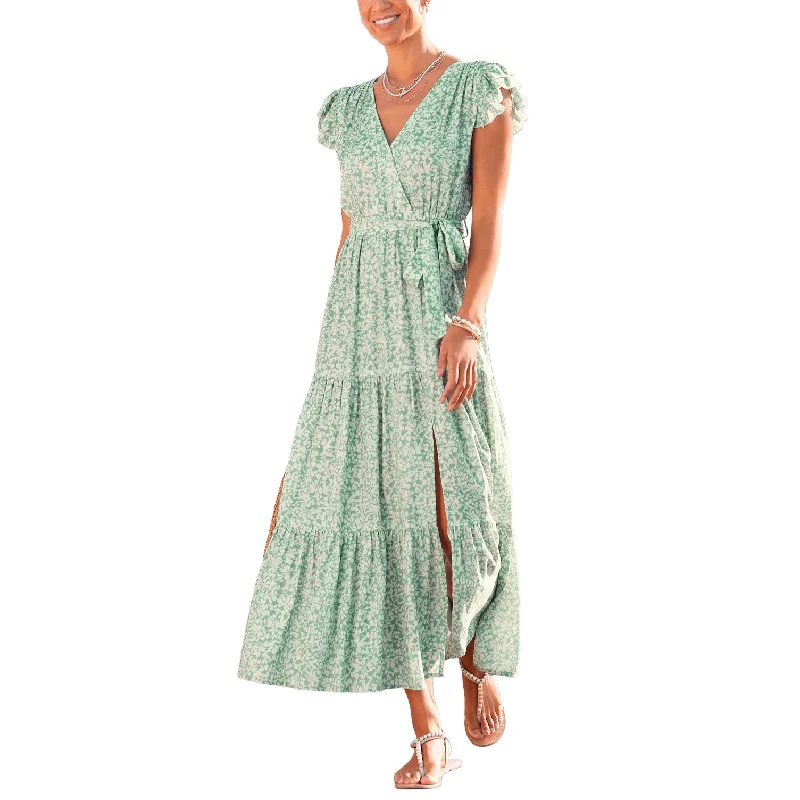 LASCANA Flutter Sleeve Maxi Dress Green Patterned