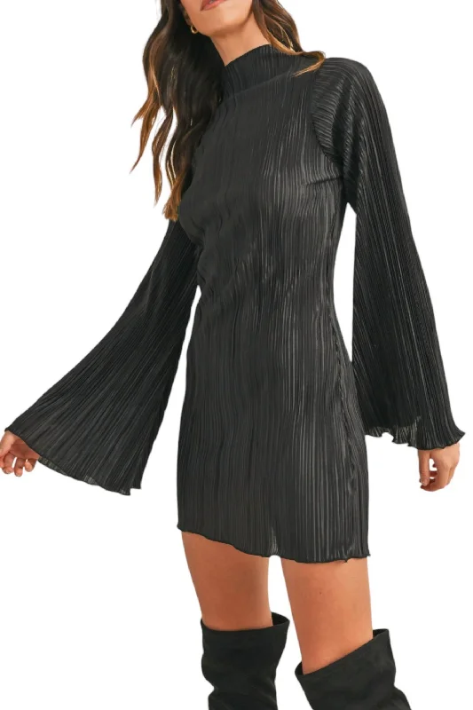 Mock Neck Pleated Satin Mini Dress In Black