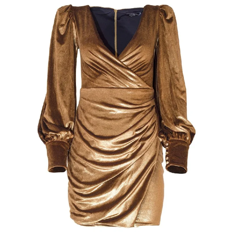 Patbo Women Metallic Gold Velvet Plunge V-Neck Bell Sleeve Mini Dress