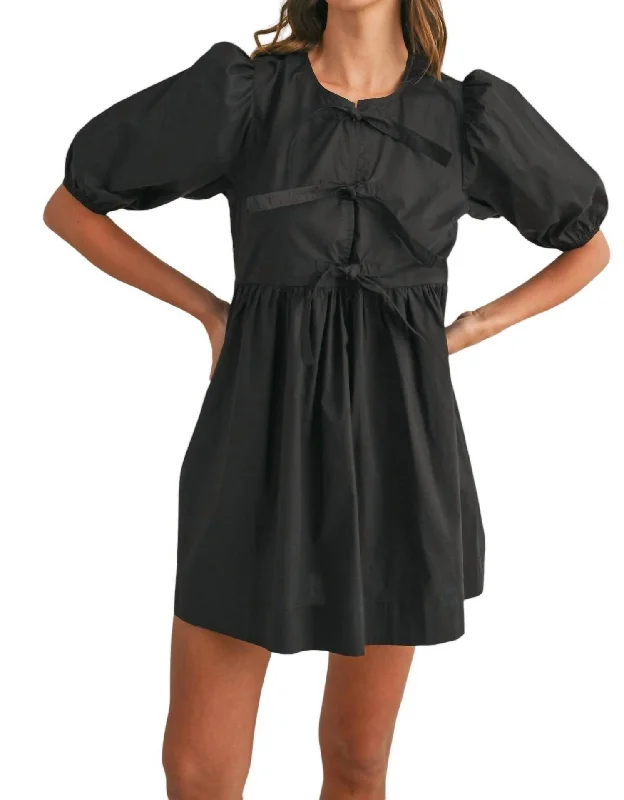 Poplin Front Self Tie Mini Dress In Blacks