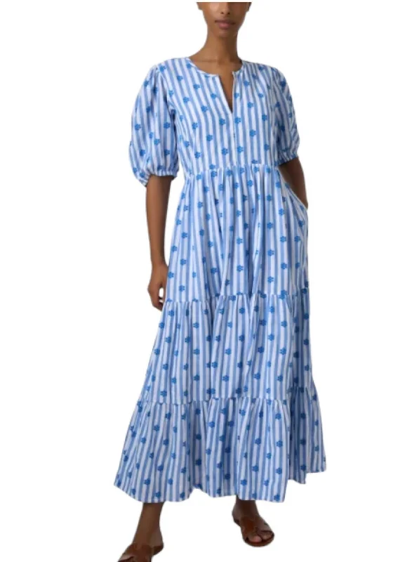 Puff Sleeve Maxi Dress In Blue And White