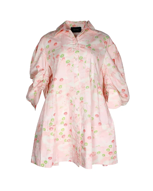 Simone Rocha Floral-Print Signature Sleeve Mini Shirt Dress in Pink Cotton