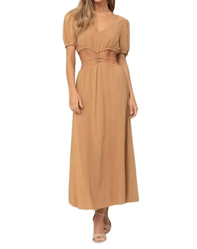 Sofia Puff Sleeve Cutout Maxi Dress In Camel