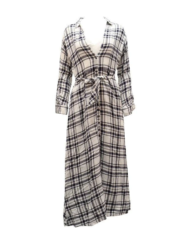 Theory Checkered V-Neck Longsleeve Maxi Dress in White Viscose