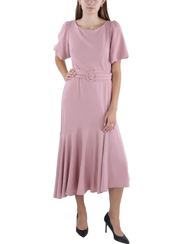 Womens Puff Sleeve Tea-Length Maxi Dress