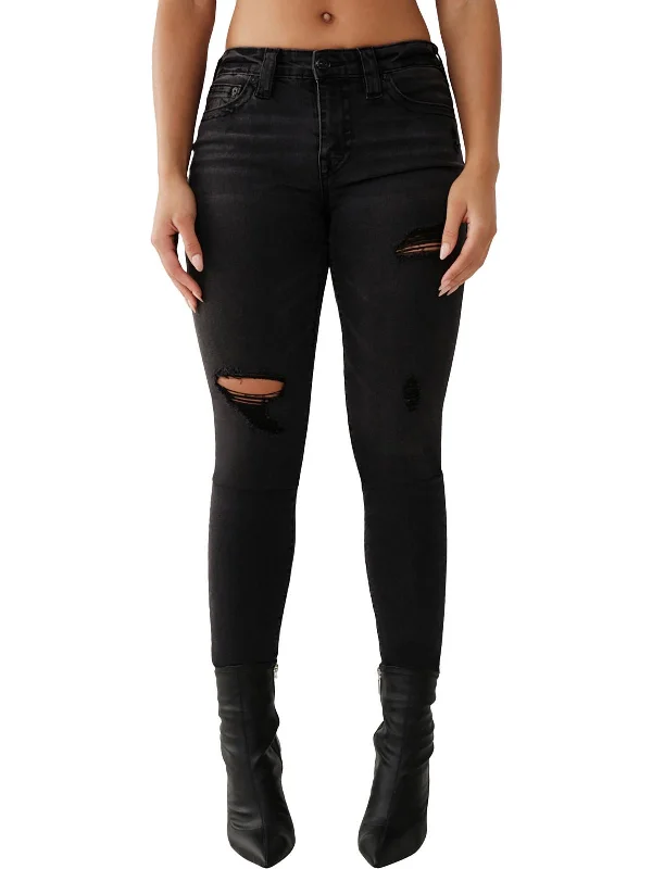 Womens Mid Rise Distressed Skinny Jeans