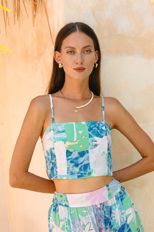 Maeve Aqua Blue Green Abstract Crop Top