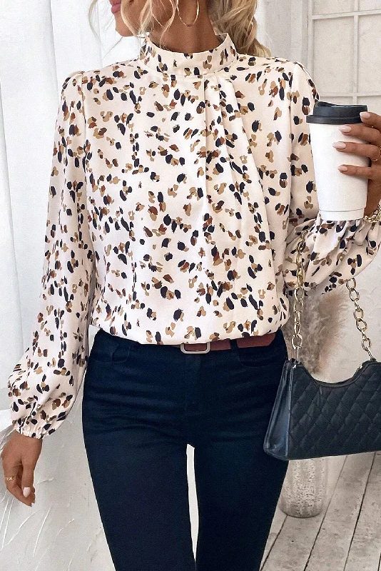 Leopard Print Lantern Sleeve Mock Neck Pleated Blouse