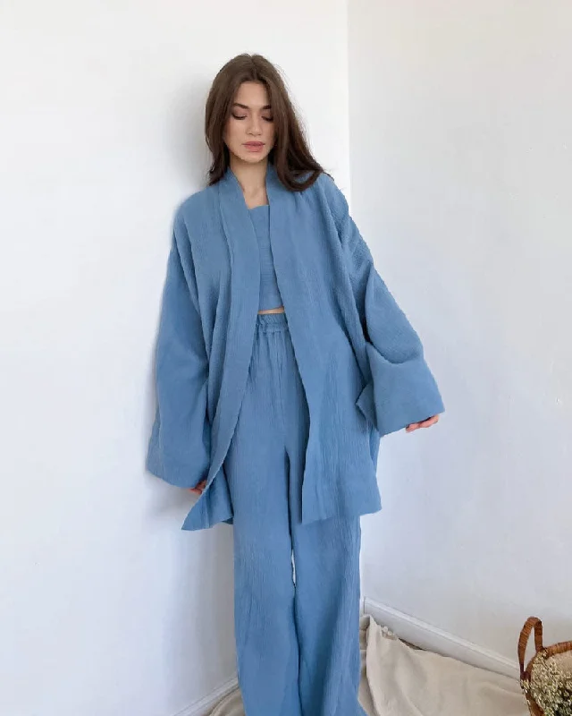 Loose-fit Line Gauze Pajama Bathrobe Set