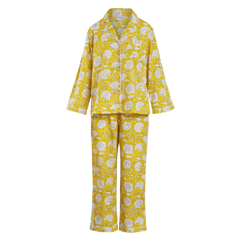 Amber Yellow Floral Block Print Pyjama Sets