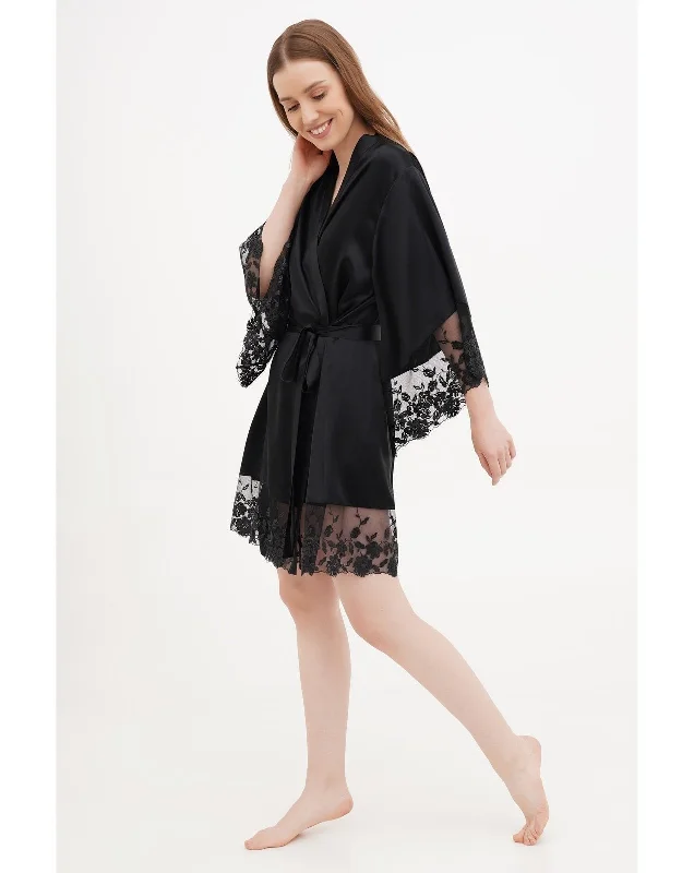 Black Orchid Silk Short Robe With Lace