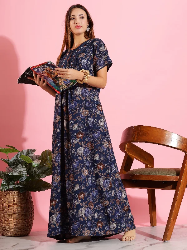 Royal Blue Alpine Designer Nighty Stylish Floral Nightgown