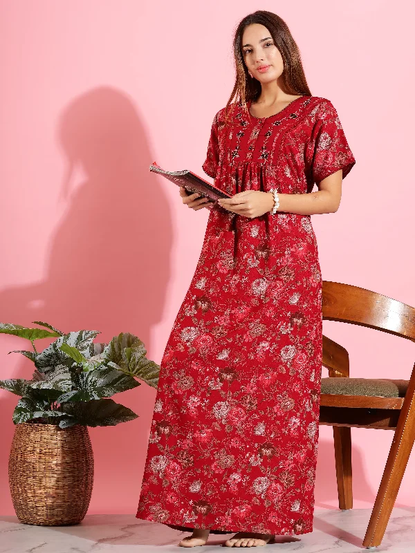 Red Alpine Designer Nighty Beautiful Floral Sleep Dress