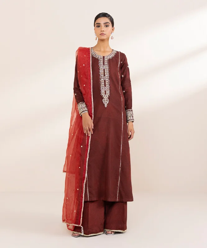 3 Piece - Embroidered Raw Silk Suit