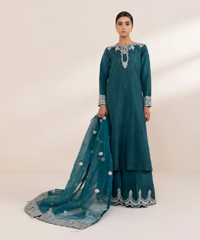 3 Piece - Embroidered Raw Silk Suit