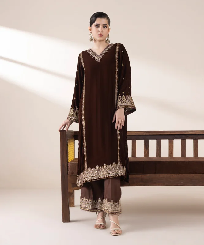 2 Piece - Embroidered Raw Silk Suit