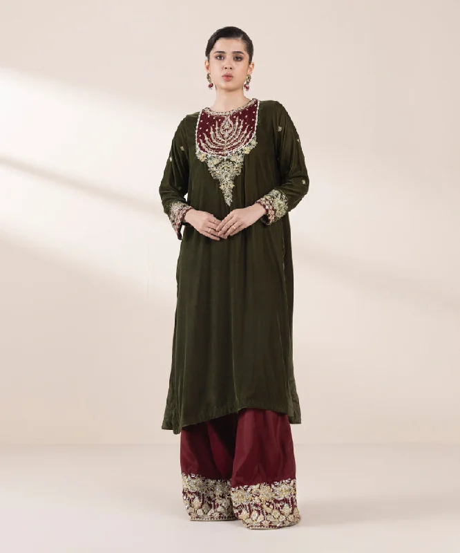 2 Piece - Embroidered Raw Silk Suit